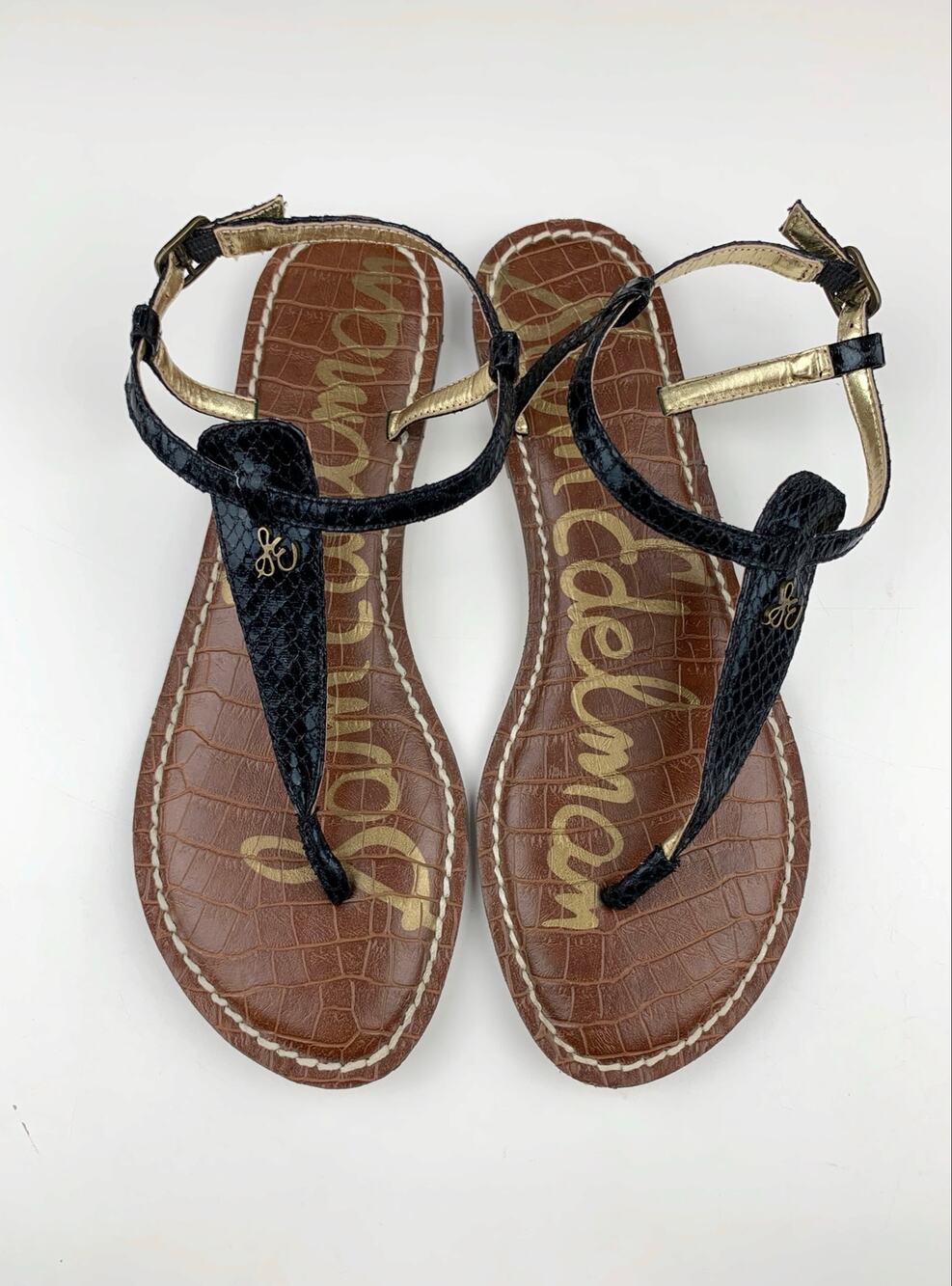 Sam Edelman Gigi Thong Sandals Black Faux Leather T-Strap Flats Women's 5